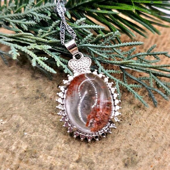 Nature Red Phantom Garden Oval Quartz Big Pendant Necklace - Picture 8 of 9